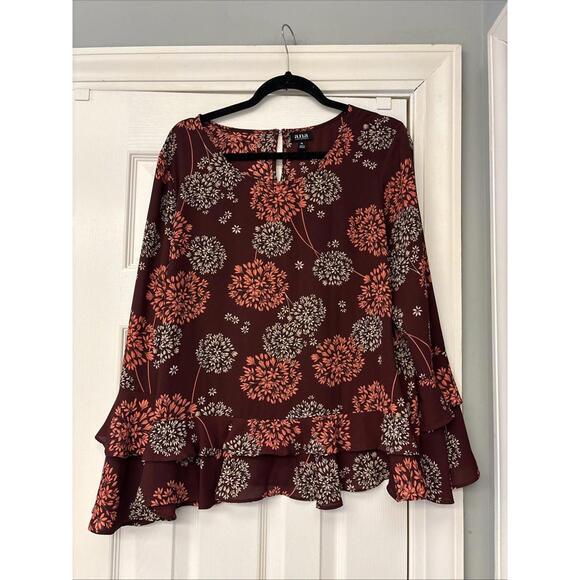 a.n.a Tops - A.N.A. Burgundy Sheer Ruffled Top Blouse Long Bell Sleeves Sz XL. Work. Office